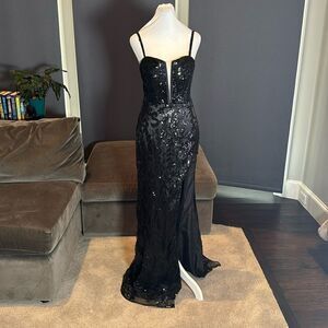 Womens Black Mermaid Fit Prom Party Formal Dress Sparkly Sequins Leg Slit Size 4